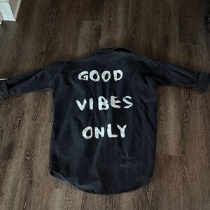 Black Denim Shirt Jacket with 'Good Vibes Only' Print